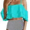 Attractive Off Shoulder Two Piece Bikini For Women-Aqua Stripe