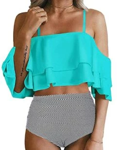 Bikini Beach Shop 13 Attractive Off Shoulder Two Piece Bikini For Women-Aqua Stripe