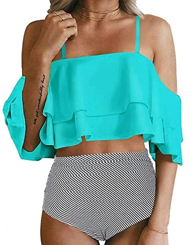 Attractive Off Shoulder Two Piece Bikini For Women-Aqua Stripe 1 Attractive Off Shoulder Two Piece Bikini For Women-Aqua Stripe