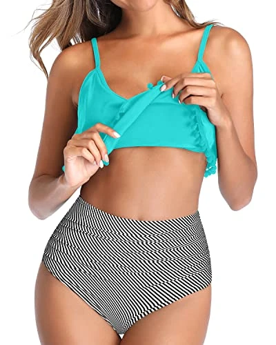 Adjustable Spaghetti Straps Two Piece Bikini Swimsuit-Aqua Stripe 4 Adjustable Spaghetti Straps Two Piece Bikini Swimsuit-Aqua Stripe - Image 4