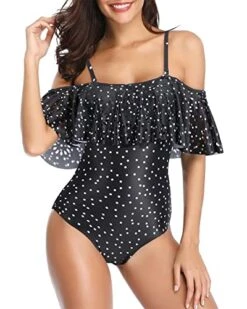 Women One Piece Off Shoulder Lace Swimsuits-Black White Dot