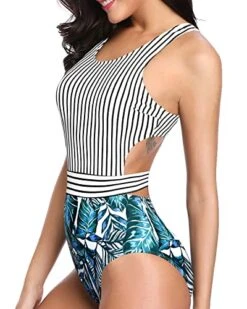 Zip-Up Monokini One Piece Tummy Control Cutout Swimsuits For Teen Girls-Stripe And Leaf -Bikini Beach Shop 51RTWtK31yL af1446cf 610d 41b6 8c65 3f5f10f25a2c