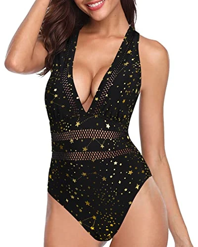 Criss-Cross Back Hollow Out One Piece Swimsuits Bathing Suit-Gold Stars 1 Criss-Cross Back Hollow Out One Piece Swimsuits Bathing Suit-Gold Stars