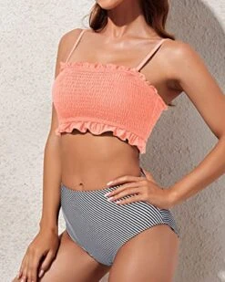 Tropical Vacation Two Piece Bikini Set Ruffled Bikini-Coral Pink Stripe -Bikini Beach Shop 51SEiYgBFwL