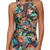 Elegant Mesh Ruched Monokini Women One Piece Swimsuit-Black Red Flower