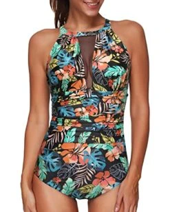 Elegant Mesh Ruched Monokini Women One Piece Swimsuit-Black Red Flower