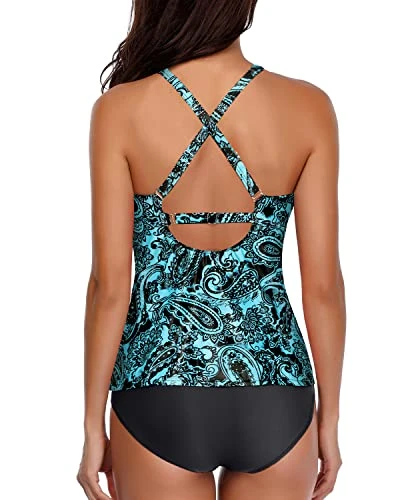 Two Piece Tankini Swimsuits High Neck Halter 2 Piece Bathing Suits-Blue Paisley 2 Two Piece Tankini Swimsuits High Neck Halter 2 Piece Bathing Suits-Blue Paisley - Image 2