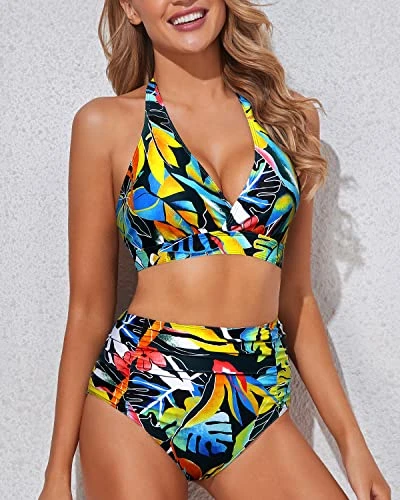 Push Up Halter Bikini Set Women's Bikini Swimsuits-Black Leaves 3 Push Up Halter Bikini Set Women's Bikini Swimsuits-Black Leaves - Image 3