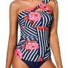 Tankini Bathing Suits For Women One Shoulder Swim Top And Shorts Swimsuits-Blue Floral