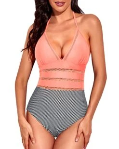 Vintage Removable Soft Bra Padded Tie Knot Back Bathing Suit-Coral Pink Stripe