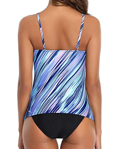 Fashionable High Neck Ruched Tankini Swimsuit For Women-Blue And Black Stripe 2 Fashionable High Neck Ruched Tankini Swimsuit For Women-Blue And Black Stripe - Image 2