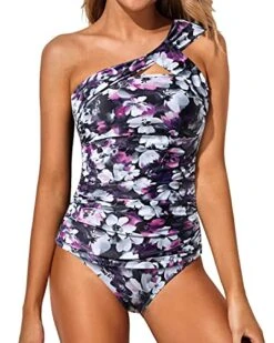 Women's Stylish 2 Piece Tankini One Shoulder Top & Shorts-Purple Floral