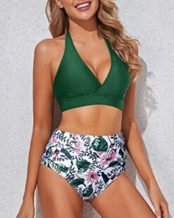 Double Buckles High Waisted Bikini Women's Bikini Swimsuits-Green Pink Flower -Bikini Beach Shop 51TuOGG0 lL