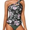 Sexy Two Piece Tankini Bathing Suits One Shoulder Swim Top Shorts Swimsuits-Black Pink Flowers