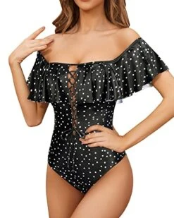 Lace Up Ruffled Bathing Suit For Longer Torso One Piece Swimsuit-Black White Dot -Bikini Beach Shop 51U9EBi ERL