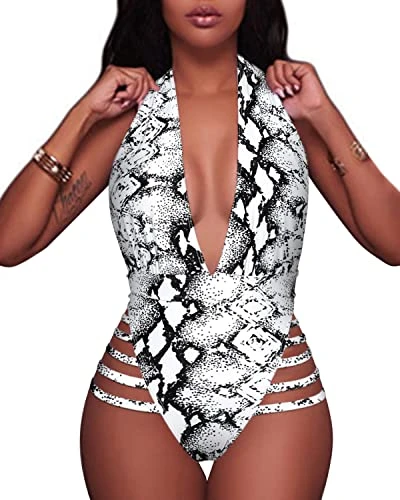 Show Off Your Curves Plunge Deep V Neck One Piece Swimsuits-Black And White Snake Print 2 Show Off Your Curves Plunge Deep V Neck One Piece Swimsuits-Black And White Snake Print - Image 2