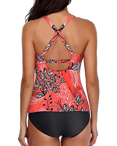 Cute Halter Two Piece Tankini Swimsuits High Neck And Shorts-Red Floral 2 Cute Halter Two Piece Tankini Swimsuits High Neck And Shorts-Red Floral - Image 2