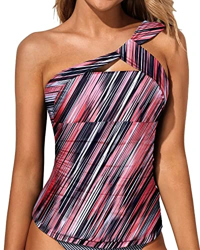 Flattering One Shoulder Swim Top Padded Bra Tankini Top-Pink Stripe 1 Flattering One Shoulder Swim Top Padded Bra Tankini Top-Pink Stripe