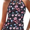 High Neck Tankini Top Halter Keyhole Backless Swim Tank Top-Black Floral