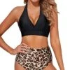 High Cut Bikini Set Tummy Control Bottoms 2 Piece Bikini Bathing Suits-Black And Leopard