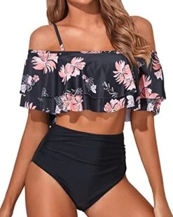 New Release 17 High Waisted Two Piece Off Shoulder Bikini Set-Black Orange Floral
