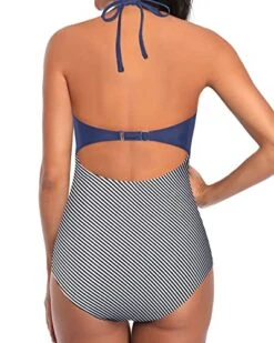 Slimming Silhouette Tie Monokini Halter One Piece Swimsuits-Blue White Stripe 7 Slimming Silhouette Tie Monokini Halter One Piece Swimsuits-Blue White Stripe -Bikini Beach Shop 51WcxgbIIGL