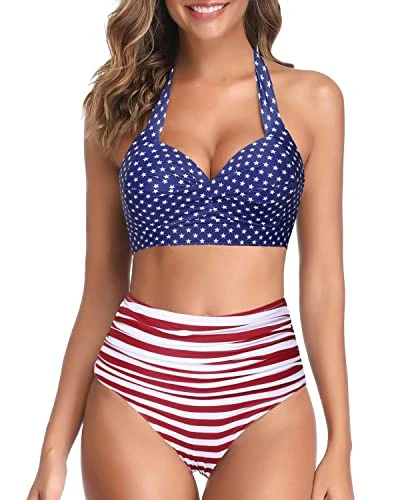 Women's Retro Halter Ruched Vintage High Waisted Bikini-Flag 1 Women's Retro Halter Ruched Vintage High Waisted Bikini-Flag