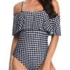 Stylish Off Shoulder One Piece Swimwear For Girls-Black And White Checkered