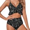 Two Piece Comfortable Beach Vacation Ruffle High Waisted Bikini Ruched-Black Marble