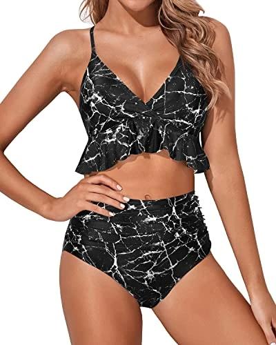 Two Piece Comfortable Beach Vacation Ruffle High Waisted Bikini Ruched-Black Marble 1 Two Piece Comfortable Beach Vacation Ruffle High Waisted Bikini Ruched-Black Marble