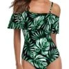 Retro Off Shoulder Ruffled One Piece Swimsuit For Women-Tropical Leaf