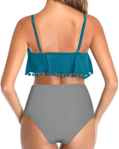 Flattering High Waisted Swimsuit Women's Ruffle Flounce Bikini With Pom Pom Trim 2 Flattering High Waisted Swimsuit Women's Ruffle Flounce Bikini With Pom Pom Trim - Image 2