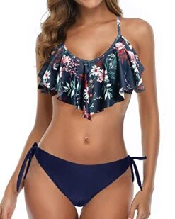 Side Tie Bottom Padded Ruffled Top Bikini For Women Set-Blue Colorul Flowers