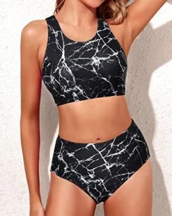 Sporty High Waisted Two Piece Bikini Swimsuits-Black Marble -Bikini Beach Shop 51Xe4MJduiL