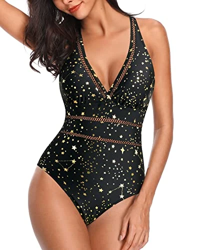Mesh Hollow Out Backless Women One Piece Monokini Swimsuit-Gold Stars 1 Mesh Hollow Out Backless Women One Piece Monokini Swimsuit-Gold Stars