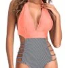 Women Sexy One Piece Swimsuits Cutout Monokini Plunge V Neck Halter Bathing Suits-Coral Pink Stripe