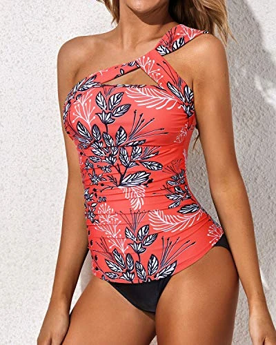 Women's Tankini Set One Shoulder Top & Ruched Shorts-Red Floral 4 Women's Tankini Set One Shoulder Top & Ruched Shorts-Red Floral - Image 4