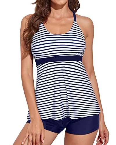 Chic Flowy Tankini Sets Shorts For A Beach Vacation-Blue White Stripe 1 Chic Flowy Tankini Sets Shorts For A Beach Vacation-Blue White Stripe