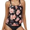 Stylish Scoop Neck Tankini Criss Cross Back-Black Orange Floral