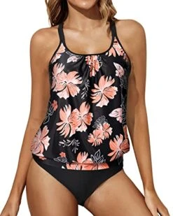 Stylish Scoop Neck Tankini Criss Cross Back-Black Orange Floral