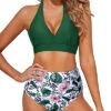 Double Buckles High Waisted Bikini Women's Bikini Swimsuits-Green Pink Flower