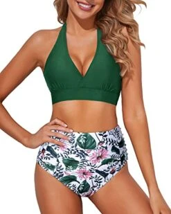 Double Buckles High Waisted Bikini Women's Bikini Swimsuits-Green Pink Flower