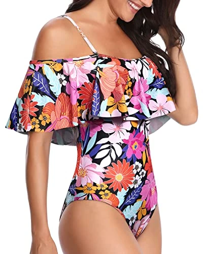 Retro-Style One Piece Swimsuit Ruffled Sleeves-Pink Floral 3 Retro-Style One Piece Swimsuit Ruffled Sleeves-Pink Floral - Image 3