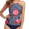 Modest Full Coverage Two Piece Tankini Swimsuit-Blue Floral