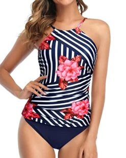 Modest Full Coverage Two Piece Tankini Swimsuit-Blue Floral