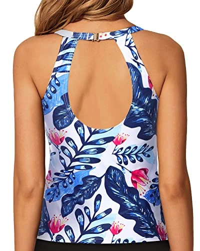 Stylish & Charming Backless Swim Tank Top-White And Blue Floral 2 Stylish & Charming Backless Swim Tank Top-White And Blue Floral - Image 2