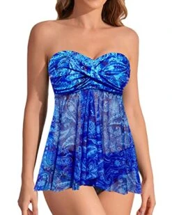 Flattering Flyaway Tankini Women's Two Piece Bathing Suits With Halter Bandeau Top