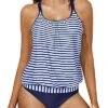 7 Soft Removable Padded Push Up Tankini Swimsuits-Blue White Stripe