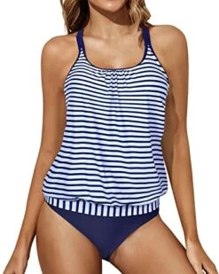 7 Soft Removable Padded Push Up Tankini Swimsuits-Blue White Stripe
