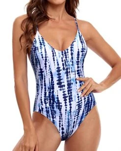 High-Legged One Piece Swimsuit Cross Back One Piece Swimwear-Blue Tie Dye